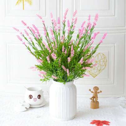 4支人造塑料薰衣草花束，共9枝，适用于办公桌装饰、花瓶装饰、家居装饰、桌面摆件、订婚和婚礼装饰