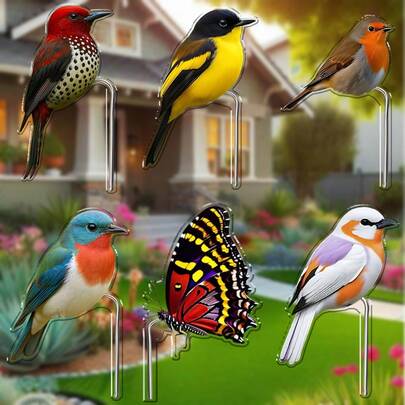 Colorful Acrylic Bird & Floral Potted Plant Decorative Plaques, Suitable For Gifts All Year Round, 2D Printed, Applicable For Garden, Yard, Potted Plants, Flower Pots, Flat Crafts, Outdoor & Home Decor, Adding Beauty And Uniqueness To Your Garden