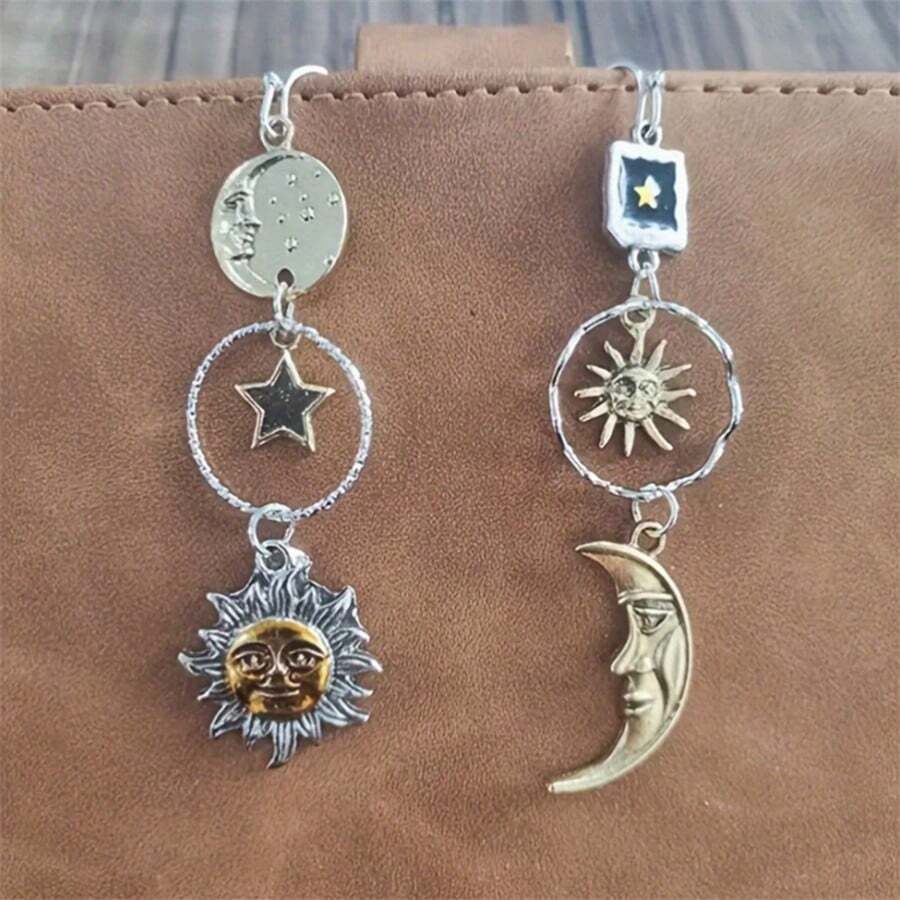 女士波西米亚风不对称设计星空元素耳环，适合日常佩戴和派对，独特创意礼物 - 銀色 - 查看 1