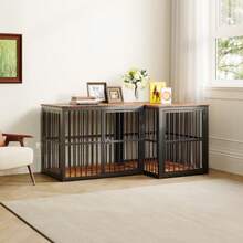 Modular Dog Crate Cabinet With 3 Doors, TV Stand Or 2-In-1 Bedside Table, Waterproof Board, Combinable System, External Dimensions 84x56x66 Cm In Retro Brown - Black - View 5