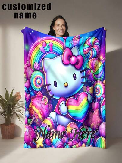 Sanrio 1 pieza Manta personalizada con tema de Hello Kitty, se puede personalizar con un nombre, con Hello Kitty como personaje principal, el estilo general es lindo y dulce - Suave y cómodo, lavable a máquina, funda de almohada de tiro de tela de poliéster impresa digitalmente, adecuada para sofá, cama, viaje, camping, sala de estar, oficina, asiento - Adecuado como regalo para familiares y amigos