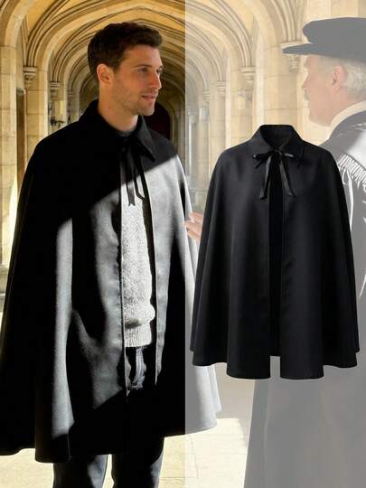 男士中世纪维多利亚蒸汽朋克哥特式斗篷 - 优雅披肩领系带设计，可机洗，适合万圣节、文艺复兴集市、化装舞会 - 维多利亚风格斗篷，无袖设计，男士万圣节服装，死神服装，巫师服装，万圣节服装，巫师长袍，吸血鬼服装，幽灵服装，男士巫师服装