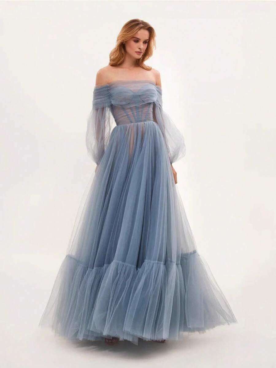New Long Women's One-Shoulder Mesh Long-Sleeved Wedding Dress Tulle Long Dress - Blue - View 1