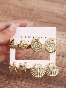 2/8件套海滩海洋风贝壳、海螺、海星金耳环套装，优雅轻盈的饰品，适合海滩旅行，时尚百搭 - 金色 - 查看 9