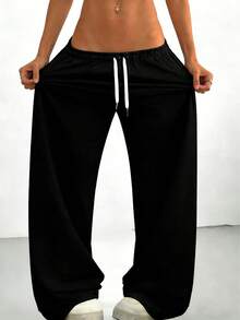 Women's Loose Fit Drawstring Waist Casual Wide Leg Pants, Everyday Wear Spring - Black - View 2