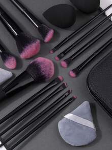 17pcs Professional Makeup Brush Set - High Quality Soft Hair Multi-Function Makeup Brushes + Fine Makeup Sponge + Fan Powder Puff + Zipper Pouch, Complete Makeup Tools - Black - View 5