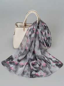 1 chiếc khăn voan in hoa thời trang nữ, nhẹ và đa năng, thích hợp cho mùa xuân. - Xám - Xem 3