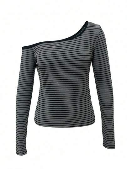 条纹不对称单肩长袖修身女式衬衫