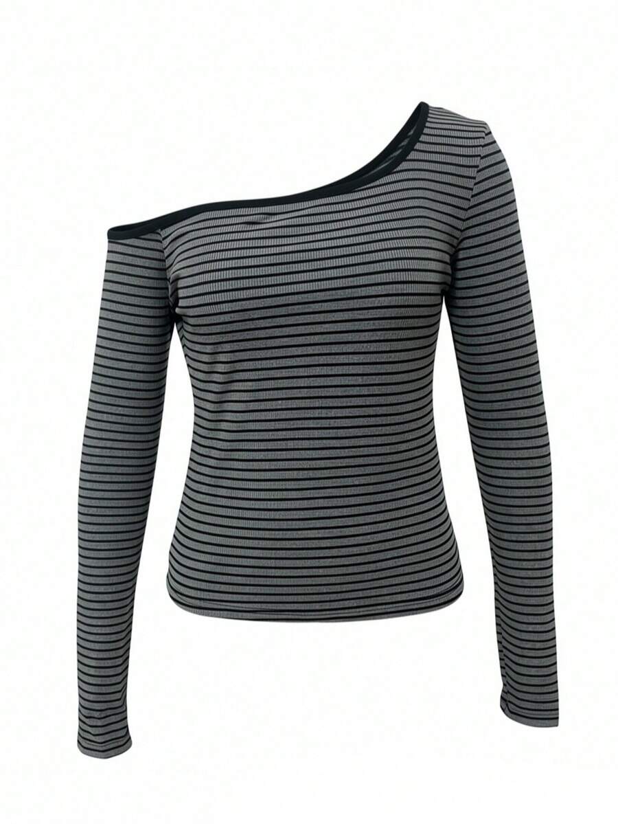 条纹不对称单肩长袖修身女式衬衫 - 灰色 - 查看 1