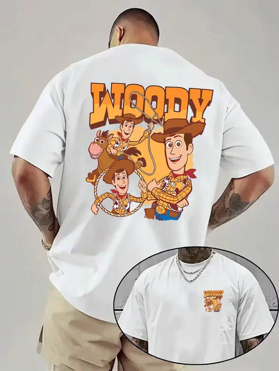 Authorized By Disney, < < Toy Story > > Animated Print Pattern-Iconic WOODY Letter Pattern, Comfortable And Casual Men's T-Shirt, Everyday Comfortable To Wear Street Fashion , Disney Fans Must Have. - White - View 1