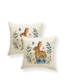 2Pcs Faux Linen Beige Pillow Covers Watercolor Rabbit Blue Roses Print Pillowcases Breathable Botanical Decor Pillow Cases(No Filling) - Beige - View 8