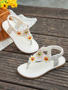 1 Pair Girls' Summer Flat Sandals, Fashionable Floral Slip On Solid Color Comfortable Casual Versatile Flip Flops, Suitable For Girls' Daily Wear In Summer - White - View 3