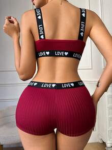 1 Set European & American Sexy V-Neck Ribbed Backless Bra And Panty Set For Women - Burgundy - View 2