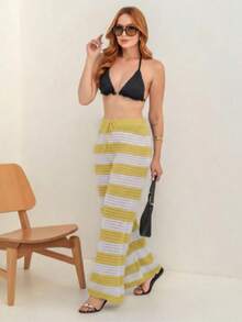 Beach Cover-Up Striped Drawstring Pants Crochet Blogger Luxury Elegant Knit Women's Fashion Summer Casual Beach Vacation - 黃色 - 查看 1