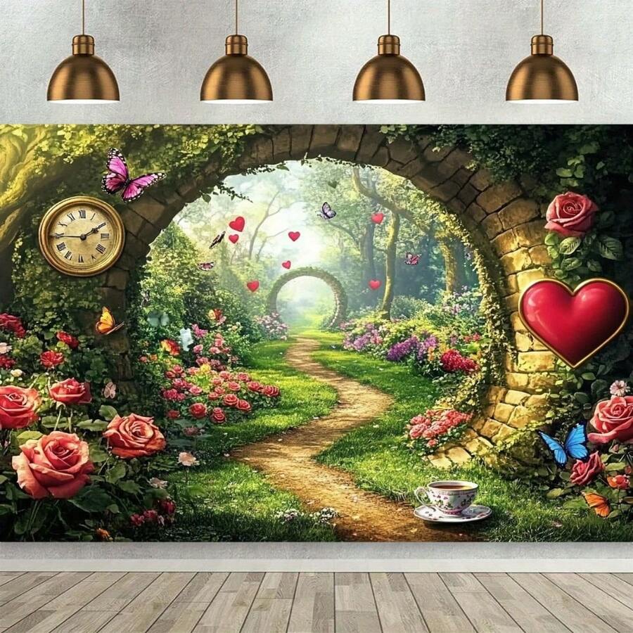 1件精美仙境主题茶会背景布，图案包含迷人花园、玫瑰、蝴蝶和石拱门，采用高清印花涤纶材质，适用于生日装饰、家居装饰和特殊场合，也是茶会用品。 - 彩色 - 查看 1