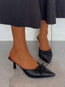 2026 Spring New Elegant French Style Black Bow Pointed Toe Thin Heel Mule Slip-On Sandals, Versatile High Heels For Commuting, Dating, Daily Wear - Black - View 5