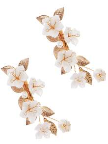 1件手工制作的优雅珍珠花朵发夹，饰以霜花花瓣和金色叶子，浪漫新娘发饰，适合女性婚礼、派对、舞会和日常佩戴。 - 金色 - 查看 11