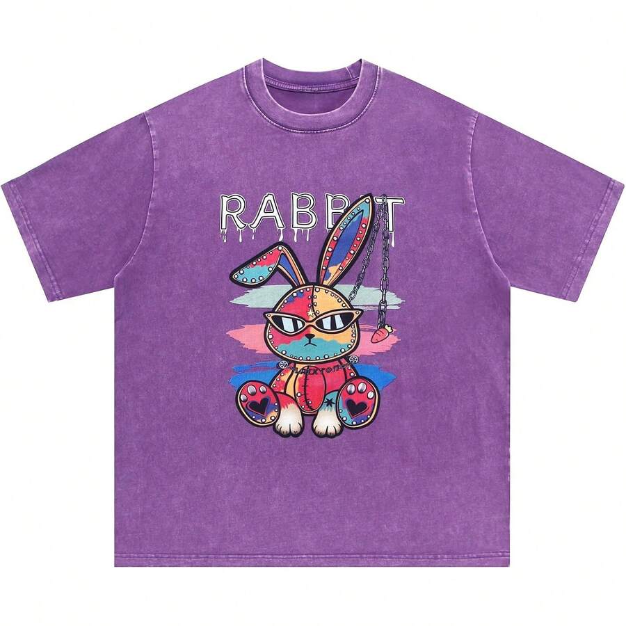 Laixton Men's Pattern T-Shirt Unisex Cotton Oversized T-Shirt Short Sleeve Retro Streetwear Casual T-Shirt Top Comfortable Washed Cotton T-Shirt - 別緻的紫色 - 查看 1