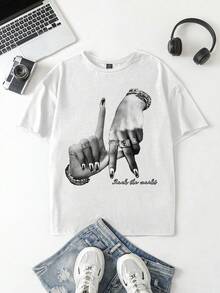 Women's Casual Simple LA Hand Gesture Print Loose Crew Neck Short Sleeve T-Shirt, Summer - trắng - Xem 2