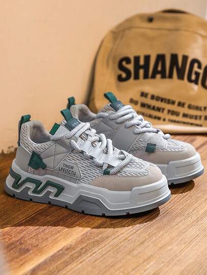 Men's Casual Sneakers 2026 New Thick Sole Elevator Low-Top Round Toe Lace-Up Design Knitted Mesh Breathable Men's Mesh Shoes Outdoor Sports Color Block Soft Comfortable Men's Casual Shoes Young People Outdoor Daily Commute Simple Versatile Men's Shoes