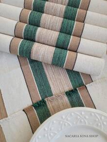 Luxury American-Style Placemat Set, 7 Pieces Including 1 Runner And 6 Place Settings, Woven With High-Quality Fabric! - Màu thô, màu be và màu xanh lá cây - Xem 3