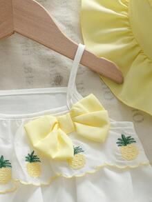 Ensemble de 2 pièces pour bébé fille: débardeur à volants avec nœud et motif ananas, short à volants ananas et chapeau de soleil. Tenue mode et polyvalente pour le quotidien, les fêtes et les sorties au printemps/été - Multicolore - Voir 5