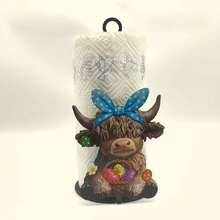 10.6 Inch Cast Iron Highland Cow Shaped Tissue Paper Holder - No Drilling Required, Surface Mount, Holiday Decor, Suitable For Kitchen, Bathroom And Party, Sturdy Iron Construction, Thanksgiving Celebration, Mother's Day Gift Decor - Blue - View 10