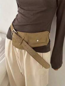 1件复古棕色麂皮宽腰带，奢华皮革腰包，多功能装饰裙袋 - 彩色 - 查看 3