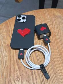 5pcs Set (1pc Black Liquid Big Hole Heart TPU Phone Case + 1pc Black Apple 18W/20W Charger Protector + 2pcs Black Data Cable Anti-Break Clips + 1pc Black Strap) Compatible With Apple 18W/20W Charger, Compatible With IPhone 17/17Pro/17ProMax, 16/16Pro/16ProMax/16Plus, 11/11ProMax, 12/12Pro/12ProMax, 13/13Pro/13ProMax, 14/14Pro/14Plus/14ProMax, 15/15Pro/15Plus/15ProMax - Multicolor - View 2