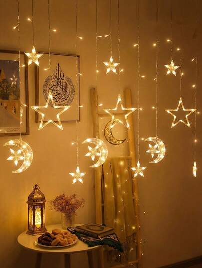 LED Stern- & Mond-Vorhangbeleuchtung, 2026 Ramadan Dekoration, warmweiße batteriebetriebene funkelnde Stern- & Mond-Feenlichter, bohemischer Stil helle Vorhangbeleuchtung, Halbmond & Stern Hängelichter, geeignet für Eid-Geschenke, islamische Feiertags-Heimdekoration, 2 Beleuchtungsmodi, geeignet für Atmosphäre an Neujahr und Valentinstag