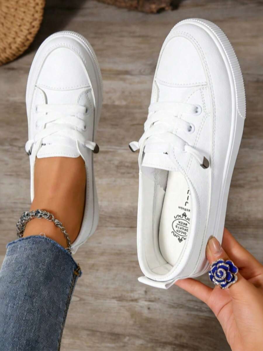 Women's White Classic Versatile Round Toe Slip-On Casual Lace-Up Soft Comfortable Flat Outdoor Sports Casual Sneakers, Simple Shoe Upper, Smooth Lines, Overall Clean And Neat. Suitable For Spring, Summer, Autumn, Daily Outings, Campus, Holidays, Street Fashion Matching.Size Runs Large, Recommend Ordering One Size Down. - trắng - Xem 1