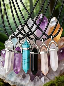 Random 1/10/15/20/30/50/100pcs Vibrant Chakra Crystal Pendants With Durable Leather Chain + Multi-Color Gemstone Set With Hexagonal Quartz, Energy Balance, Ideal Gift Choice - Multicolor - View 2