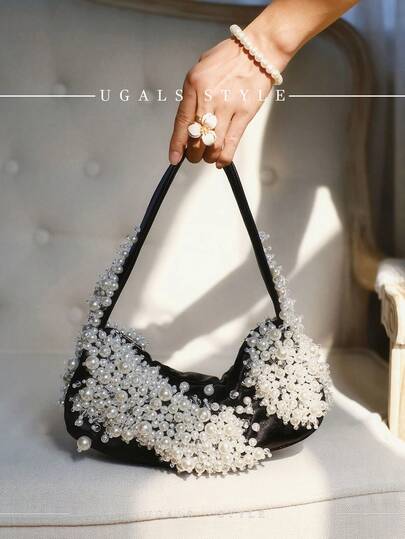 Luxury Women's Pearl Embellished Handbag With Exquisite Solid Color Silk Shoulder Bag, Perfect For Dinners And Parties, Can Be Paired With Daily Wear, Formal Wear, Ball Dresses, Birthday Dresses