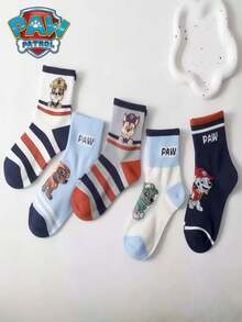 Paw Patrol 5 pares de adorables calcetines de la serie de dibujos animados "Bark Team" con patrones de jacquard coloridos, colores y diseños aleatorios. Las características incluyen elementos como Tian Tian, Xiaoli, Laidi, Maomao, Huihui, Archi, números y rayas. - Multicolor - Ver 10