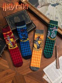 Warner Bros 4 Pairs Harry Potter Series Socks With School , Shield, Animal Cartoon Designs, Breathable & Warm Mid-Calf Socks, Suitable For Daily Wear, Spring/Summer - Multicolor - View 5
