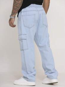 Men's Cargo Pants In Twill And Denim, Comfortable Oversized Casual Fit With 6 Pockets, Skate Style - 淺色水洗藍 - 查看 8