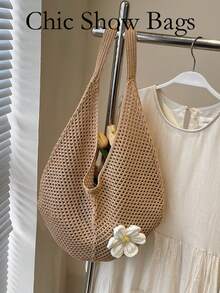 ​Boho Chic Crochet Tote Bag | One-Shoulder Woven Beach Bag For Vacation Vibes, Lightweight & Stylish Day-To-Day Carryall - Khaki - View 2