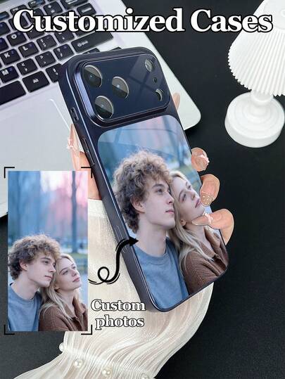 1pc DIY Customized Photo Glass Material Blue Phone Case Compatible With IPhone 17 ProMax/17 Air/15/16 Pro/14 Plus/13 Pro/12 Pro Max/11 Models, Tempered Glass Camera Protection, Tempered Glass Back Cover, Large View Window Phone Protective Case, Customized Tempered Glass, Best Gift For Friends And Family