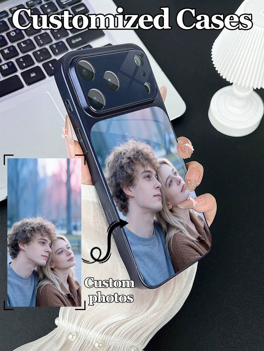 1pc DIY Customized Photo Glass Material Blue Phone Case Compatible With IPhone 17 ProMax/17 Air/15/16 Pro/14 Plus/13 Pro/12 Pro Max/11 Models, Tempered Glass Camera Protection, Tempered Glass Back Cover, Large View Window Phone Protective Case, Customized Tempered Glass, Best Gift For Friends And Family - Navy Blue - View 1