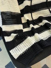 女士条纹镂空针织套头毛衣，系带设计，休闲宽松长袖轻薄防晒上衣，时尚百搭，夏季必备 - 黑色 - 查看 7