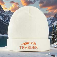 1 Traeger Traeger Smoker Grill Wood Pellet Grill Essential Warm Knitted Hat, Acrylic Hip-Hop Hat, Black With Orange And White Logo, Mountain Design, Dome Style, Brimless, Medium Elasticity, Machine Washable, Adult Casual Outdoor Winter Wear - màu đen - Xem 2