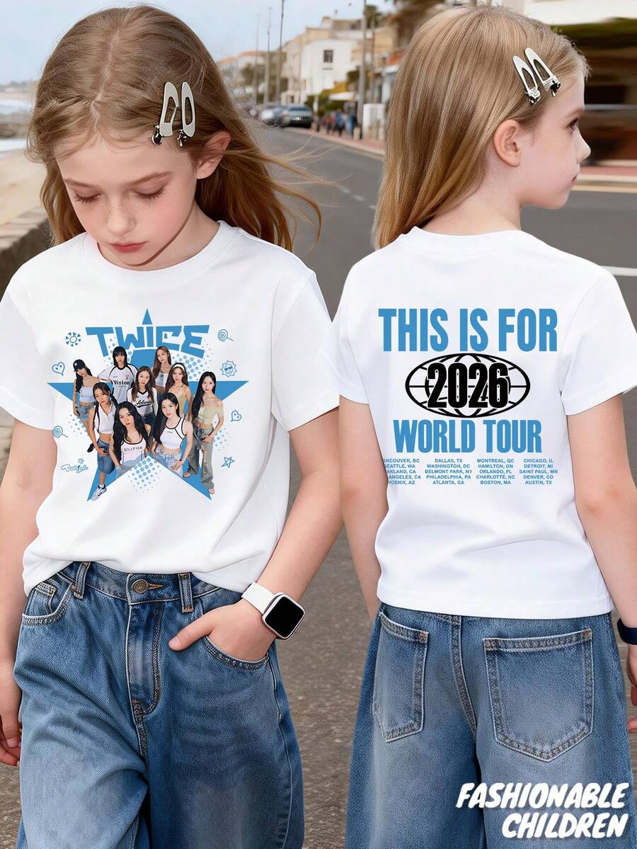 Vintage Twice Music Tour T-Shirt, Girls' Pure Cotton T-Shirt, Unisex, Children's Short Sleeves, Summer Gift, Casual Outdoor Sports Style, Comfortable And Breathable, Skin-Friendly, Fashionable And Versatile - 白色 - 查看 1
