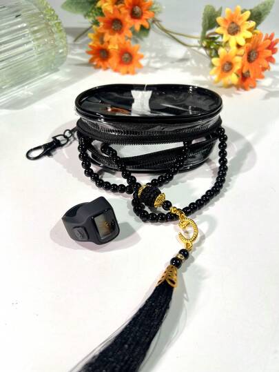 New PVC Storage Pouch, Includes 45pcs Acrylic Beads + Rhinestone Bead Counter, With Hanging Hook For Backpack/Luggage, Portable & Lightweight Design, Tangle-Free Storage For Convenient Religious Praying On The Go, Highly Practical.