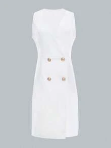 女士纯色优雅双排扣无袖连衣裙，适合办公室穿着 白色 - 白色 - 查看 4