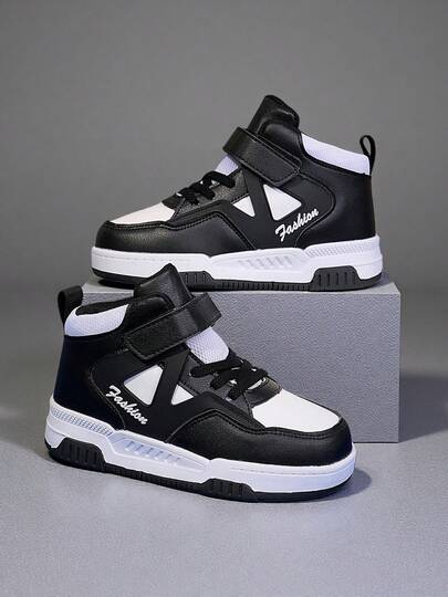 Children's Spring/Autumn Mid-Top Canvas Sneakers, Anti-Slip Sole Design, Adjustable Hook And Loop, Classic Black & White Color Matching, Fashionable For Daily Wear, Back To School, Campus, Student, Sports