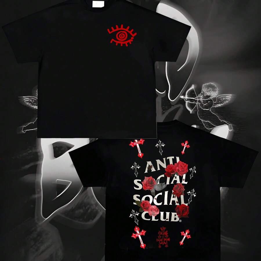 Anti Social Club Graphic Cropped T-Shirt For Boys And Girls Men, Women All Ages Family T-Shirt Letter New Streetwear Clothing Harajuku T-Shirt, Fashionable And Comfortable - màu đen - Xem 1