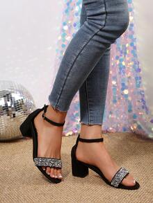 New Versatile Chunky Heel Slip-On Mule Sandals, Black Round Toe - Black - View 6