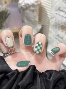 Green White Checkerboard French Short Square Press On Nails With Nail File & Jelly Glue Reusable Fake Nails For Women - Multicolor - View 1
