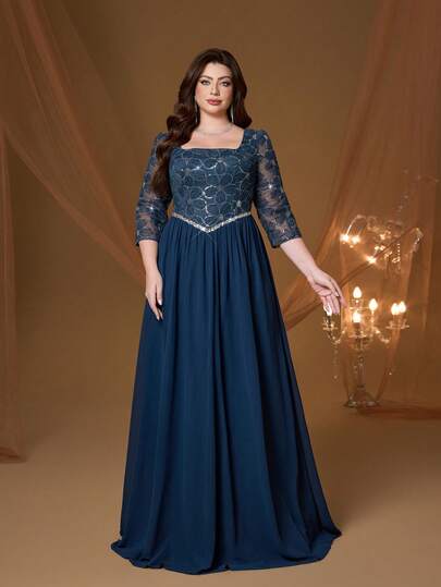 Mgiacy New Elegant Plus Size Bridesmaid Dress, Contrast Lace, Tie Lace, Long Sleeve, Dress, Suitable For Ball, Wedding, Party, Wedding Guest, Evening Gown