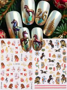 2pcs New Year Vintage Horse Design Nail Art Stickers Roses Auspicious Clouds 3D Self-Adhesive Nail Decals DIY Wedding Spring Manicure Decorations Accessories - MultiWarna - View 6
